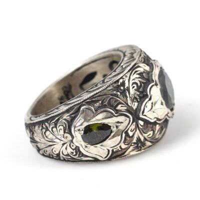 925 Ayar Gümüş Peridot Taşlı El İşi Erkek Yüzüğü - 3