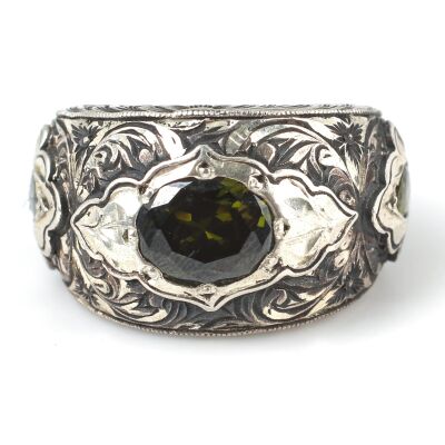 925 Ayar Gümüş Peridot Taşlı El İşi Erkek Yüzüğü - 4