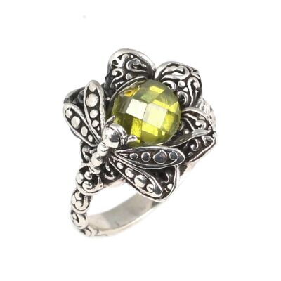 925 Ayar Gümüş Peridot Taşlı Yusufçuk Böcekli Yüzük - 1