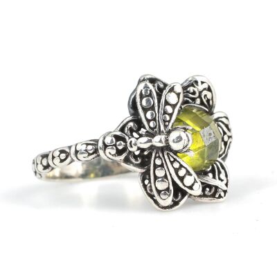 925 Ayar Gümüş Peridot Taşlı Yusufçuk Böcekli Yüzük - 2
