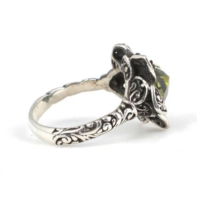 925 Ayar Gümüş Peridot Taşlı Yusufçuk Böcekli Yüzük - 5