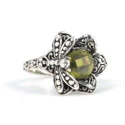 925 Ayar Gümüş Peridot Taşlı Yusufçuk Böcekli Yüzük - 6