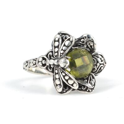 925 Ayar Gümüş Peridot Taşlı Yusufçuk Böcekli Yüzük - 6