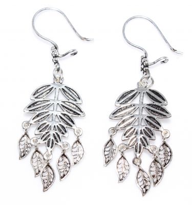 925 Silver Rose Leaf Design Drop Filigree Earrings - 2