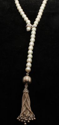 925 Ayar Gümüş Püsküllü İnci Kolye, Beyaz - 1