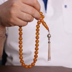 925 Ayar Gümüş Püskülü Sarı Sıkma Kehribar Tesbih - Nusrettaki