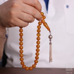 Nusrettaki - 925 Ayar Gümüş Püskülü Sarı Sıkma Kehribar Tesbih