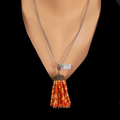 925 Ayar Gümüş Renkli Mercan Taşlı Uzun Püskül Kolye - 2