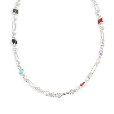 925 Ayar Gümüş Renkli Taşlı Ataç Zincir Kolye - 1