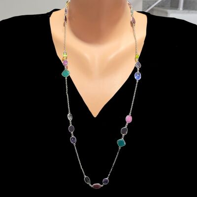 925 Ayar Gümüş Renkli Taşlı Uzun Zincir Kolye - 1