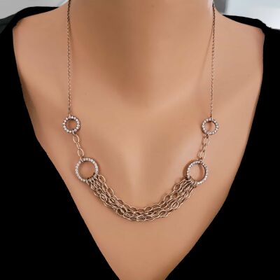 925 Ayar Rose Gümüş Taşlı Zincir Kolye - 1