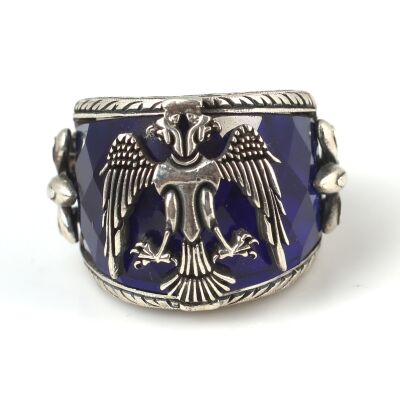 925 Ayar Gümüş Safir Taşlı Osmanlı Kartalı El İşi Erkek Yüzüğü - 2