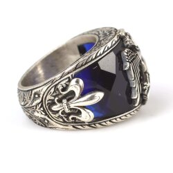 925 Ayar Gümüş Safir Taşlı Osmanlı Kartalı El İşi Erkek Yüzüğü - 4