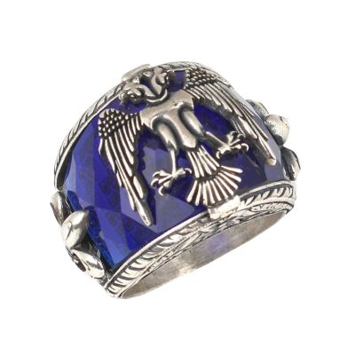 925 Ayar Gümüş Safir Taşlı Osmanlı Kartalı El İşi Erkek Yüzüğü - 1