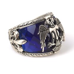 925 Ayar Gümüş Safir Taşlı Osmanlı Kartalı El İşi Erkek Yüzüğü - 3