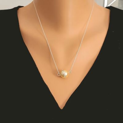 925 Ayar Gümüş 12 mm Sarı Renk İncili Üzeri Zirkon Taşlı Kolye - 1