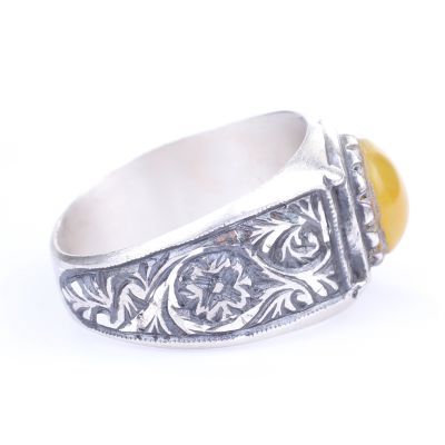 925 Ayar Gümüş Sarı Sıkma Kehribar Taşlı Kalemli Erkek Yüzüğü - 3