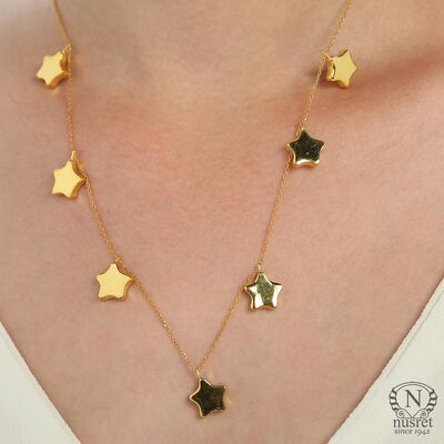 925 Ayar Gümüş 7 Sıra Yıldız Kolye, Sarı - 1