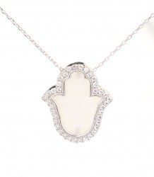 Silver Hamsa Hand Design Necklace with Mother of Pearl - Nusrettaki