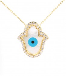 Silver Evil Eye & Helping Hand Design Necklace with Mother of Pearl - Nusrettaki