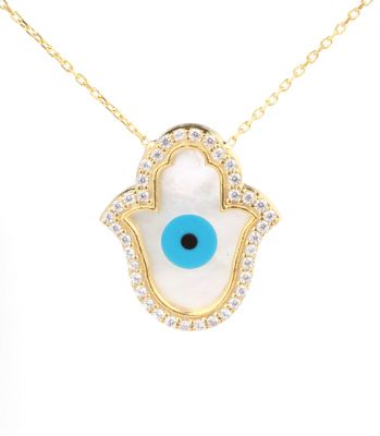 Silver Evil Eye & Helping Hand Design Necklace with Mother of Pearl - 1