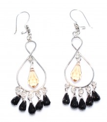 925 Silver Eight Shaped Chandelier Filigree Earrings with Onyx & Smoky Quartz - Nusrettaki