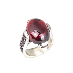 Nusrettaki - 925 Ayar Gümüş Sentetik garnet taşlı kolları garnet taşlı erkek yüzük.