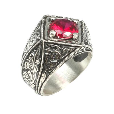 925 Ayar gümüş Sentetik Yakut Taşlı Çapraz Kare Erkek Yüzük - 1