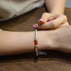 925 Ayar Gümüş Sıkma Kehribar Taşlı Yaylı Burgu Kollu Erkek Bileziği - 5