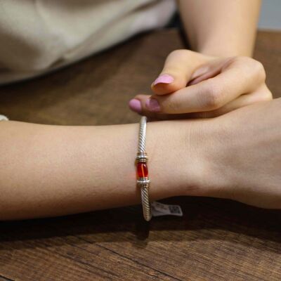 925 Ayar Gümüş Sıkma Kehribar Taşlı Yaylı Burgu Kollu Erkek Bileziği - 5