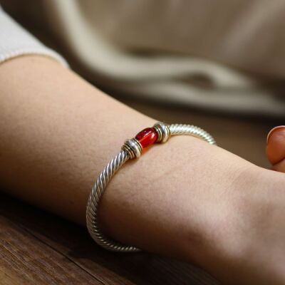 925 Ayar Gümüş Sıkma Kehribar Taşlı Yaylı Burgu Kollu Erkek Bileziği - 1