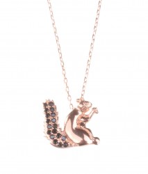 Sterling Silver Squirrel Pendant Necklace, Rose - Black CZ - Nusrettaki