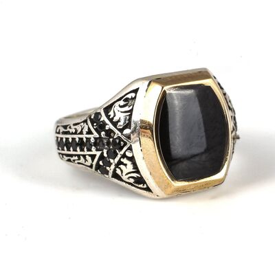 925 Ayar Gümüş Siyah Mineli Erkek Yüzük - 1