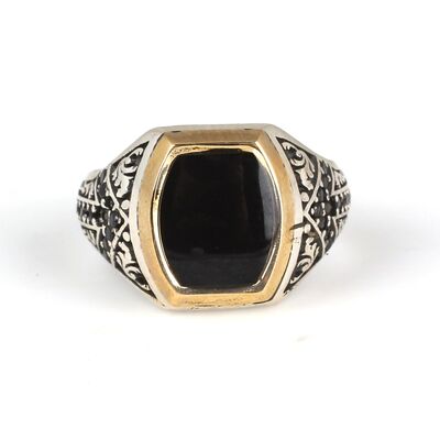 925 Ayar Gümüş Siyah Mineli Erkek Yüzük - 2