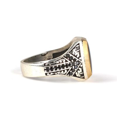 925 Ayar Gümüş Siyah Mineli Erkek Yüzük - 4