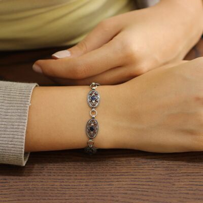 925 Ayar Gümüş Siyah Rodajlı Kök Safir Taşlı Antik Bileklik - 1
