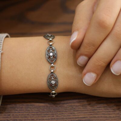 925 Ayar Gümüş Siyah Rodajlı Zirkon Taşlı Antik Bileklik - 1