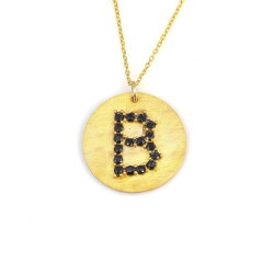 925 Ayar Gümüş Siyah Taşlı Yuvarlak Harf Kolye - Nusrettaki