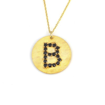 925 Ayar Gümüş Siyah Taşlı Yuvarlak Harf Kolye - 1