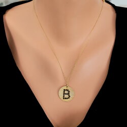 925 Ayar Gümüş Siyah Taşlı Yuvarlak Harf Kolye - Nusrettaki