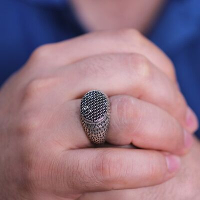 925 Ayar Gümüş Siyah Zirkon Taşlı Oval Yüzük - 1