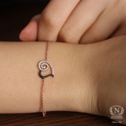 925 Ayar Gümüş Spiral Kalp Modeli Zincir Bileklik, Beyaz Siyah - Beyaz Taş - 11