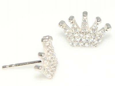 925 Silver Crown Model Stud Earrings, White Zircon - 3