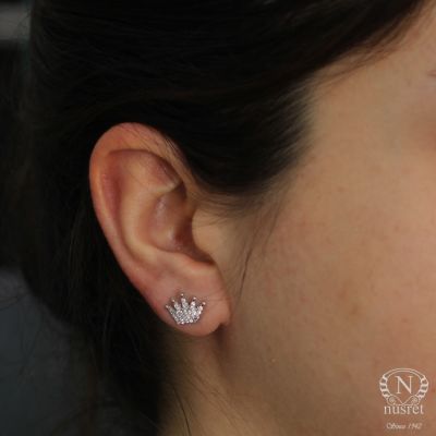 925 Silver Crown Model Stud Earrings, White Zircon - 1