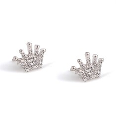 925 Silver Crown Model Stud Earrings, White Zircon - Nusrettaki (1)