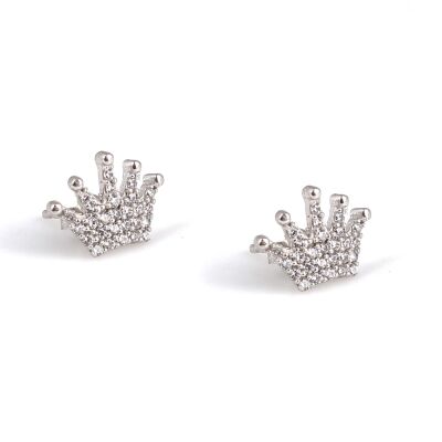 925 Silver Crown Model Stud Earrings, White Zircon - 2