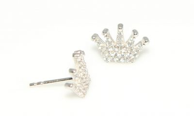 925 Silver Crown Model Stud Earrings, White Zircon - 4