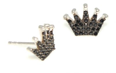 925 Silver Crown Model Stud Earrings, Black Zircon - 2