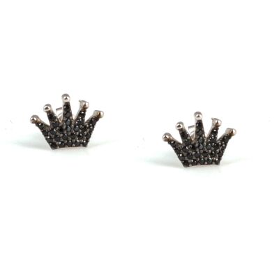 925 Silver Crown Model Stud Earrings, Black Zircon - 1