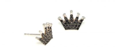 925 Silver Crown Model Stud Earrings, Black Zircon - 3